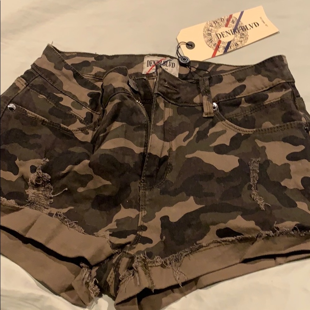 Camo denim shorts